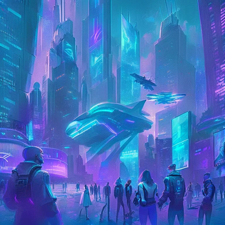 A group of people gather in a futuristic plaza, surrounded by towering skyscrapers and holographic advertisements. The plaza is filled with blue and purple light, and flying vehicles can be seen in the background.