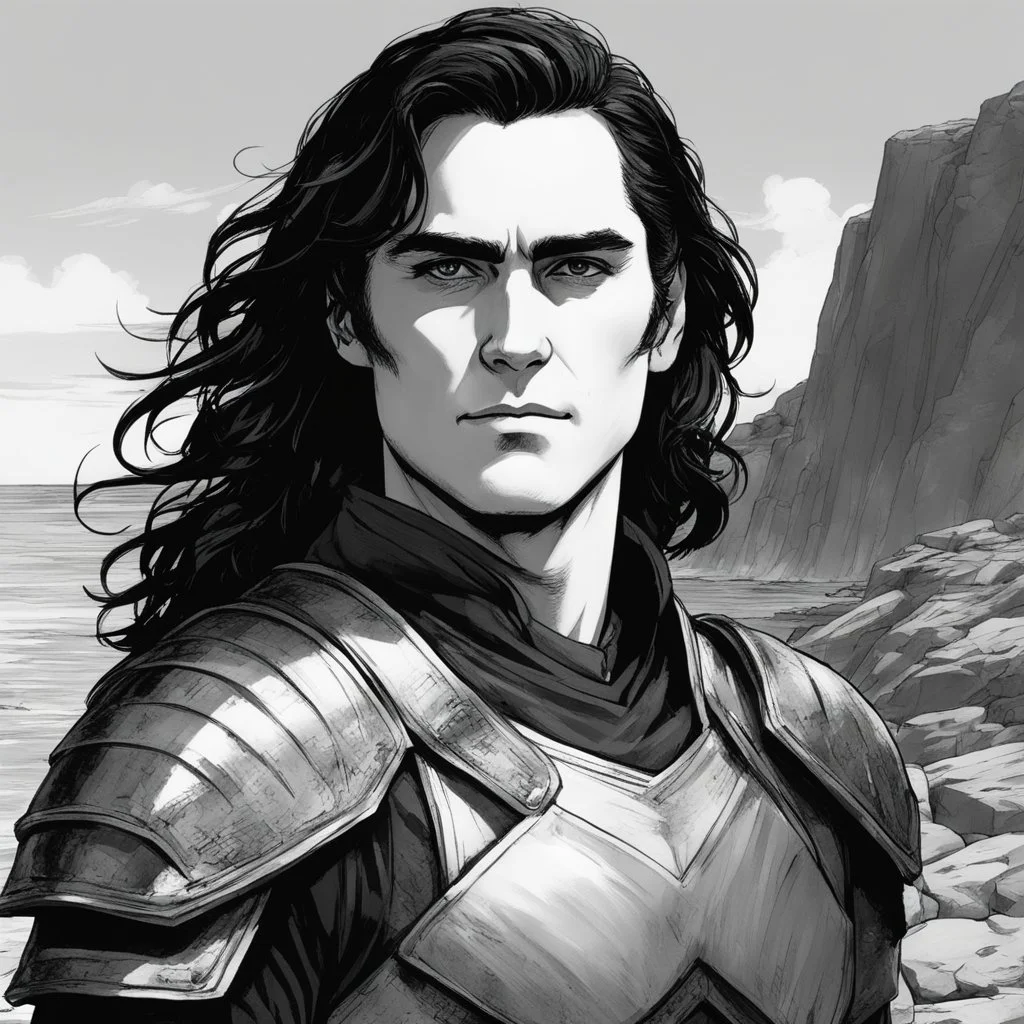 A portrait of Joaquin Phoenix in his early 30s, long beachy haircut, black hair, on a rocky island, in ebony armor from Skyrim, melancholic and dangerous facial expression, half-smiling, drawn in the style of ink manga sketch