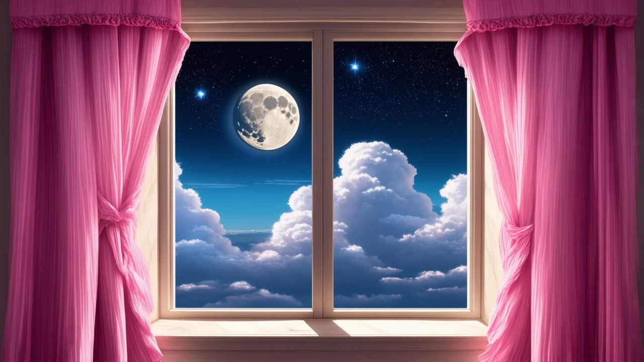 A vintage window frame with a soft pink curtain pulled aside, uncovering a surreal panorama of fluffy clouds illuminated by a gigantic moon, with shooting stars scattered across the sky.