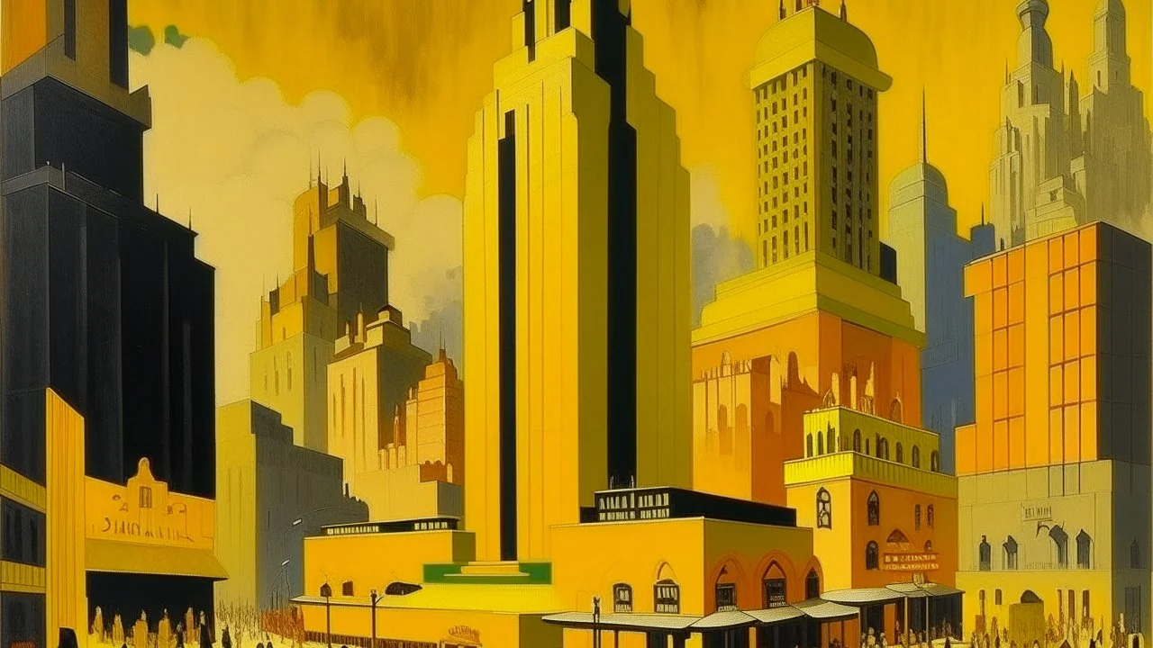 A yellow casino themed city painted by Lyonel Charles Feininger