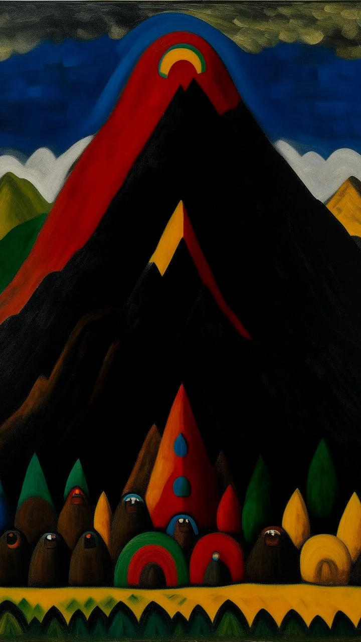 A dark brown mountain with golems designed in Kuna molas painted by Alexej von Jawlensky