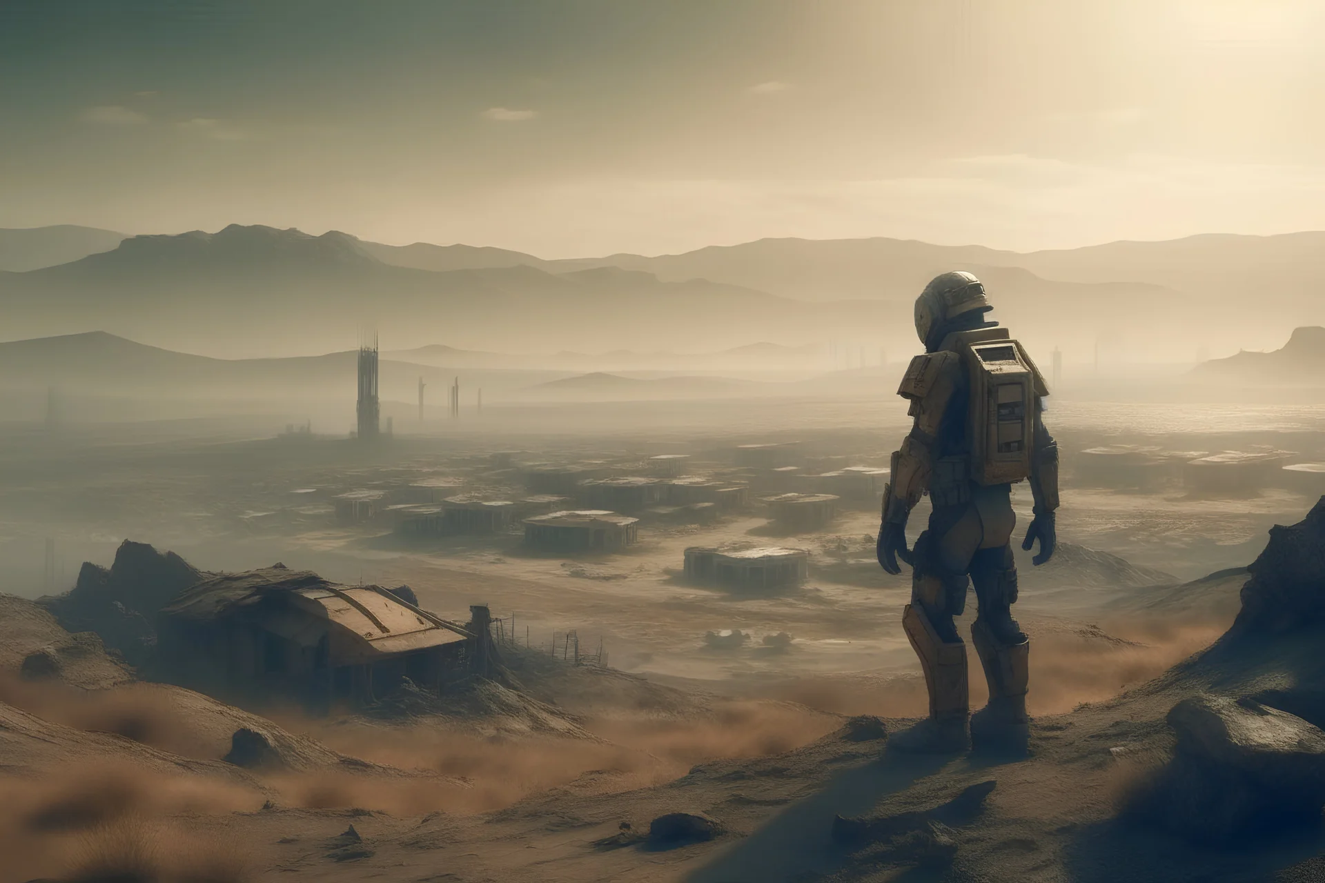 An android like in Blade Runner on a hill, terrain cracked by drought, in the background a demolished and abandoned city, further back a sandstorm, warm tones, 16K, real photography