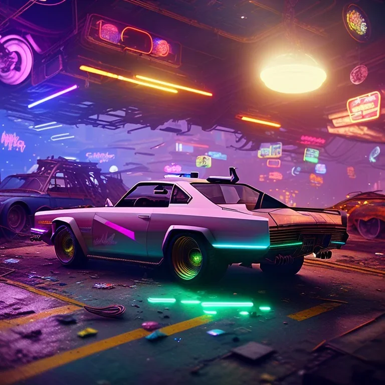 photo quality, unreal engine render, highest quality, stop-motion animation, vivid neon colors, volumetric lighting, cyberpunk 2077, classic car junkyard, deep colors in a dark setting background, post-apocalyptic,