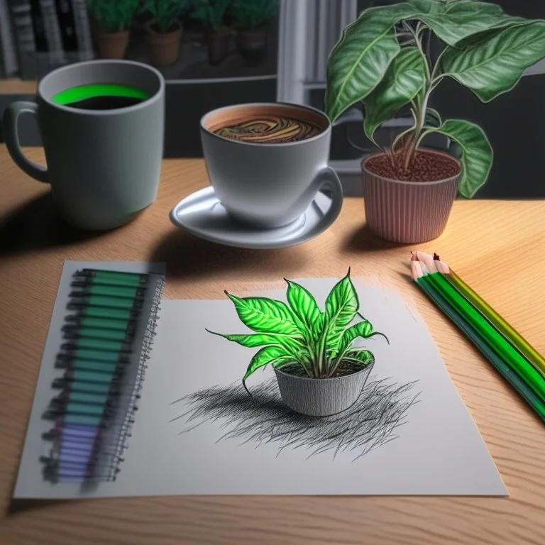 A High resolution photograph with soft lightning, of a a4 size drawing on a table next to two colored pencils. A green plant in a pot in the left top corner, a cup of coffee in the right top corner.