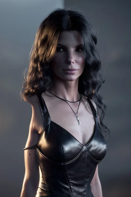 Young Sandra Bullock as evil queen in black leather gown, angry, busty, curvey, cleavage, unreal 5, octane render,cinema4d, dynamic lighting, dramatic lighting, 4k, redshift render, highly detailed, hyper realistic