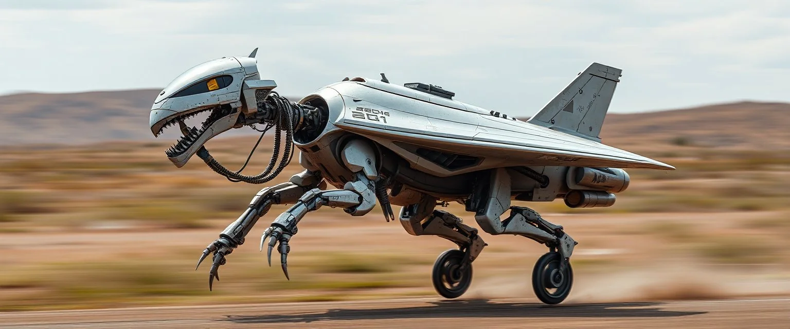 blind contour robot eel knight lancer with no teeth, like space ship fighter jet massage master guru fast moving motion blur background, landing wheel gears