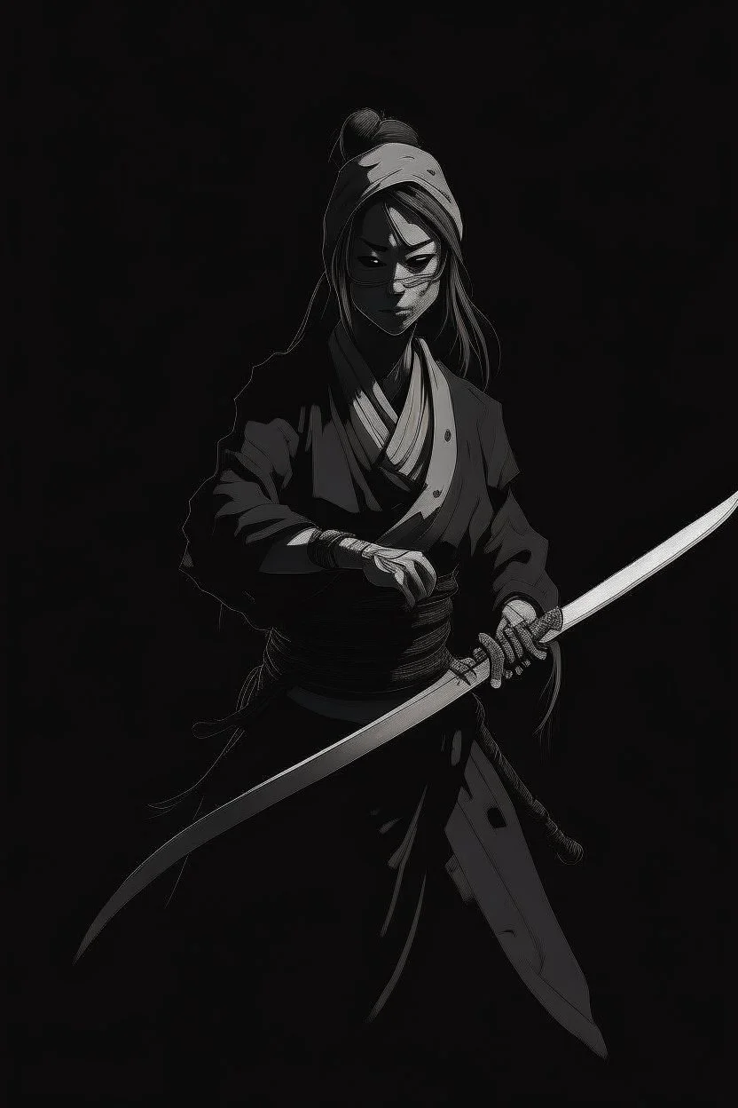 female ghost wielding a katana in one hand, dark style