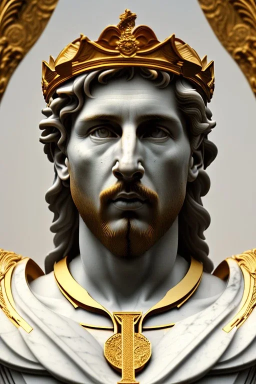 Ultra Realistic image, classical renaissance sculpture, white marble material, Lionel Messi, emperor style, gold Laurel leaves crown, chisel style, waist up portrait, epic, celestial, cinematic lighting, God light, god rays, 4k resolution, smooth details, ornate details, soft lighting, unreal engine 5, marble background.