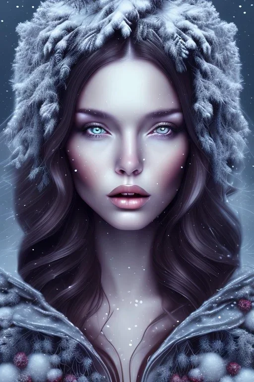 Wintertime Wonderland a Beautiful dark haired woman Hyperrealistic Digital Graphic in the Style of Jennifer Healy