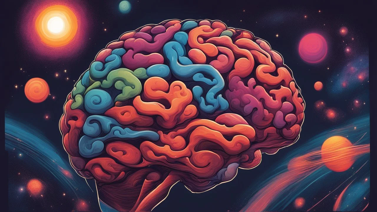 "Design a vibrant comic-styled artwork that captures the essence of a mighty brain, depicted as a tangible galactic entity. The brain itself should be intricately shaded to highlight its convoluted crevices, delicately lit by distant stars. The backdrop is to be an amalgamation of colourful swirling galaxies, with an array of vivid astronomical elements to instill a sense of cosmic vastness. The art should evoke a sense that the brain is masterfully conducting the celestial symphony of the entir