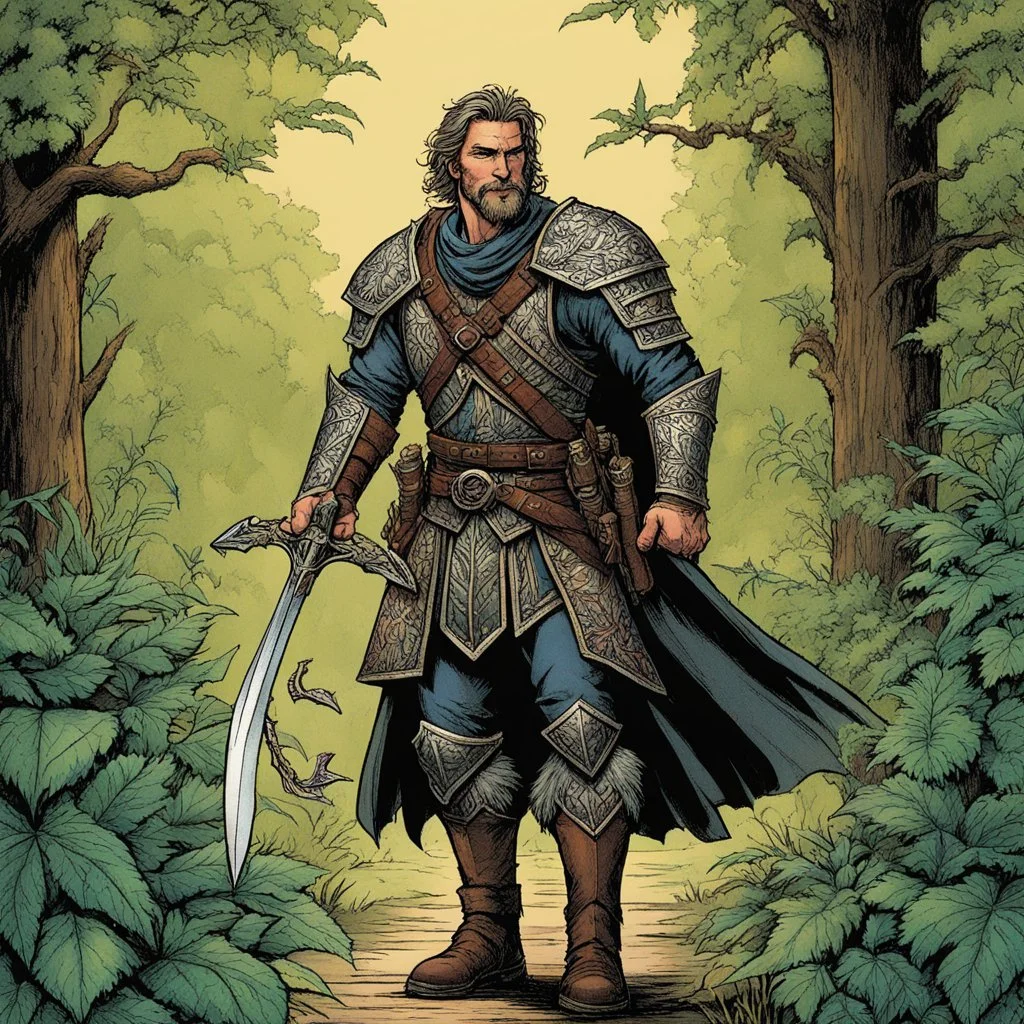 [illustration by Kevin Eastman and Peter Laird] Clad in rugged leather armor adorned with intricate leaf patterns, Chuck, a middle-aged ranger, moves with grace, his every step guided by the whispers of the wind and the rustling of the leaves. His mystic broadsword, the Verdant Edge in hand, Chuck's connection to the land runs deep, his bond with the creatures of the forest and the spirits of the earth unbreakable.