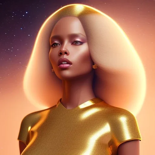 beautiful cosmic golden woman, long hair, nice smiling, magic glamour make up, delicate colors, beautiful glamour galactic golden dress, ultra sharp focus, 8k, unreal engine 5, extremely sharp detail, light effect, soft light atmosphere of a spaceship, smooth, full of details, face in front, complete vision of body