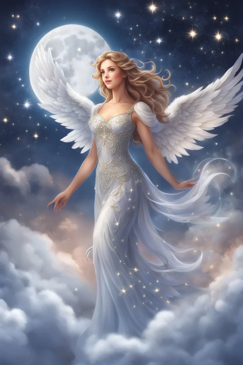 Close up ,An beautiful angel who wears a beautiful dress which has sparkles on it and is standing on the clouds at night as there are stars and the full moon.