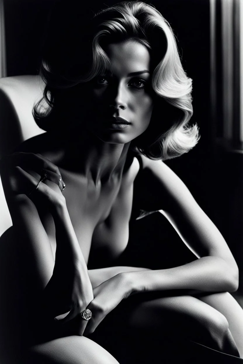 beauty top less supermodel, black studio, sexy hyper-feminine, david hamilton, helmut newton, peter lindbergh, beautiful face, beautiful skin, realistic analog photography, most beautiful female without clothes, middle parting, beautiful like an undressed actress from the sixties, schiffer, bardot, tate, hadid, deneuve, bilitis, tendres cousines