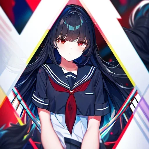 Clear focus, High resolution, long black fluffy hair, red eyes, chopped bangs, wearing a sailor uniform, wearing a sailor skirt, colorful, hollywood, female, human, mortal, thin legs, no outlines, extreme close up