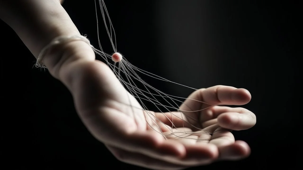 يد تمسك بخيوط الدمى، تمثل سيطرة الشخص على الآخرين.