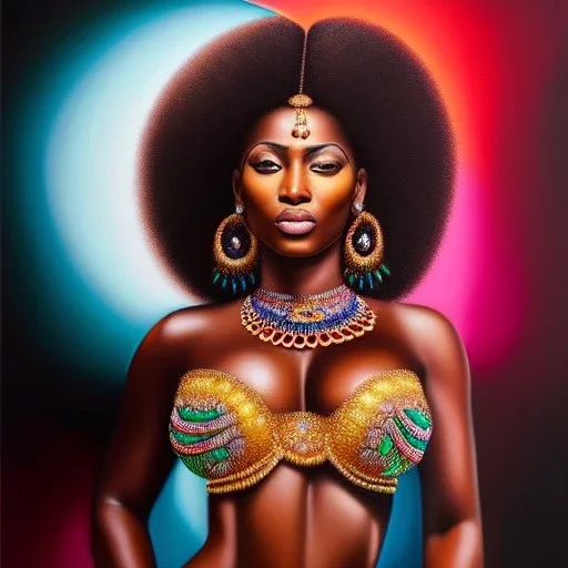 Ultra detailed fullbody Portrait in oil on canvas of beautiful busty African Warrior Woman,extremely detailed digital painting,ultrarealistic skin,intense stare, extremely detailed face, crystal clear eyes, mystical colors ,perfectly centered image, perfect composition, rim light, beautiful lighting,masterpiece ,8k, stunning scene, raytracing, anatomically correct, in the style of Simon Bisley and uncannyknack and Ohrai Noriyoshi and robert e howard and Steve Jung.