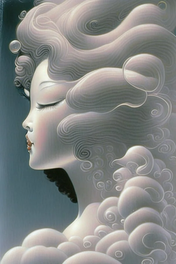 fuzzy, diffused, cloudy and blurred woman face, half view, greyish colors, by artist "gilded melted bubblewarp";by artist "erte";by artist "michelangelo da vinci";by artist "lalique";by artist "hector guimard" ;character design by artist "emshwiller sol";by artist "fan ho"