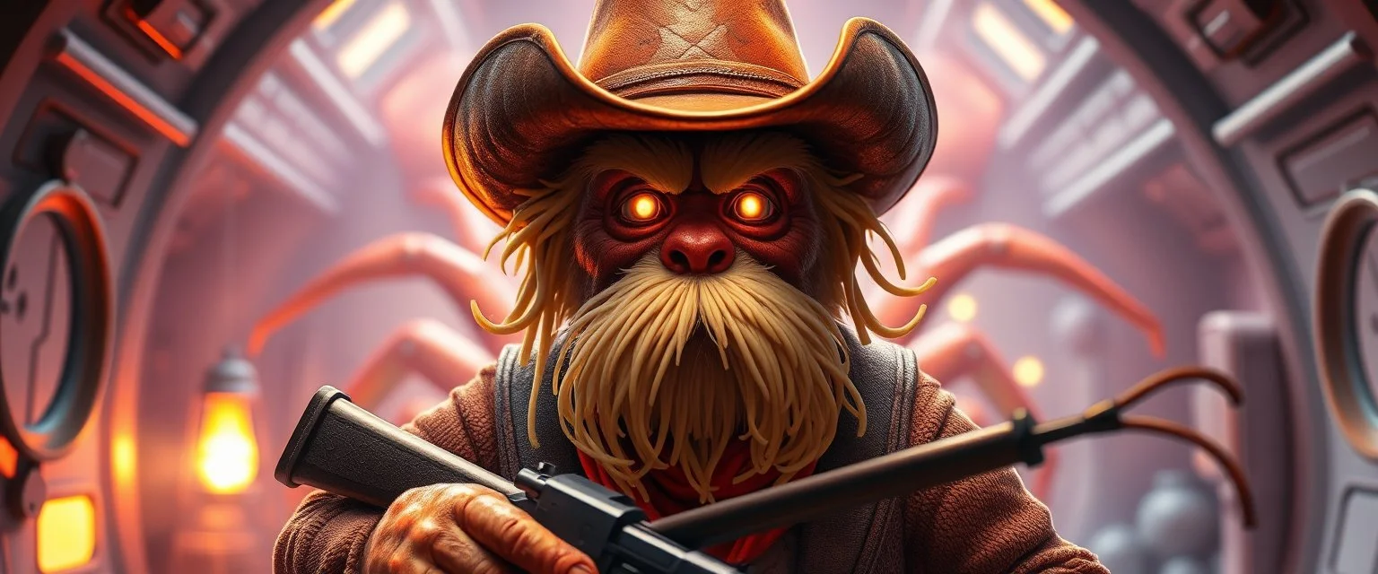 air brush 3d with pen outline,spaghetti boss gunslinger western fluffy elder edgy hero with slightly glowing eyes in front of glistening space lobster dog, shallow depth of field, warm lantern, pin hole cam in doll house space ship, bottom floor board edge border
