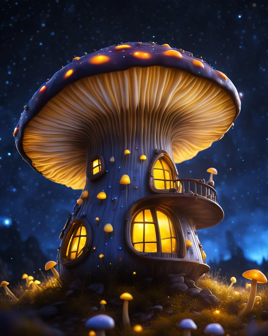 An illogically floating mushroom house on a clear night. white yellow blue, Stars Dark cosmic interstellar. Detailed Matte Painting, deep color, fantastical, intricate detail, splash screen, hyperdetailed, insane depth, concept art, 8k resolution, trending on Artstation, Unreal Engine 5, color depth, backlit, splash art, dramatic, High Quality Whimsical Fun Imaginative Bubbly, perfect composition