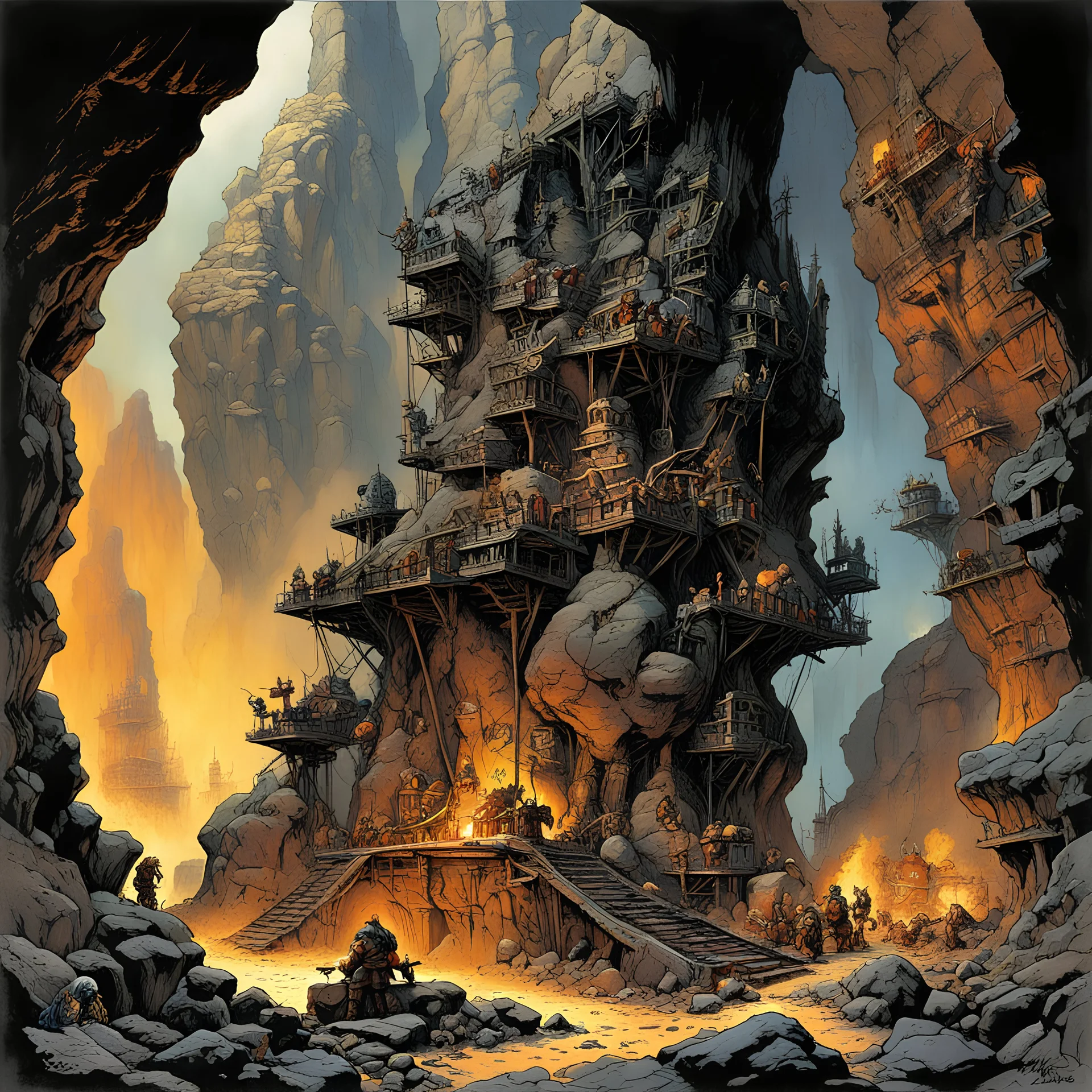 Underground Dwarf mine with massive smoking forge, blacksmiths toiling over anvils, scaffolds, dramatic maximalist stature of dwarf king carved into rock formation, by Frank Frazetta, by Boris Valejo, By Brian Bolland, fantasy, masterpiece, expansive and vast underground kingdowm, dark rich colors, detailed ink illustration, perfect coloring, smooth.