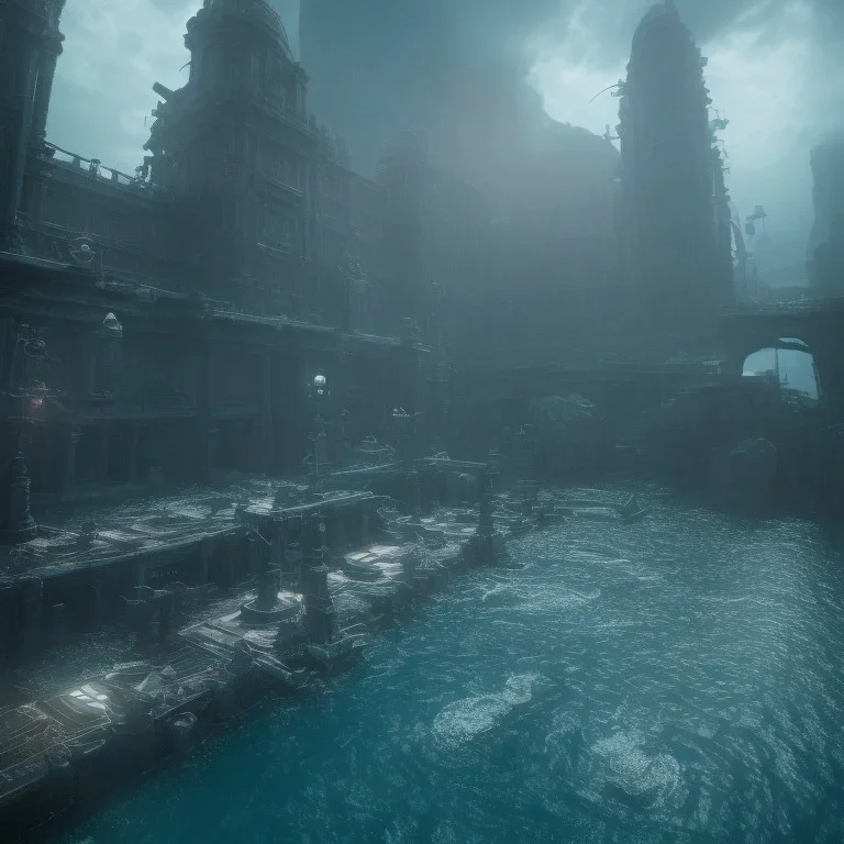 underwater, city of atlantis , futuristic, the city is abandoned and the water is murky and dark