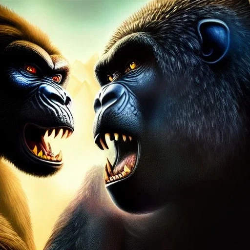 ultra detailed fullbody portrait of King Kong Vs Godzilla, extremely detailed digital painting, intrincate, extremely detailed face,crystal clear Big eyes, in the style of rafael sanzio, mystical colors , perfectly centered image, perfect composition, rim light, beautiful lighting, 8k, stunning scene, raytracing