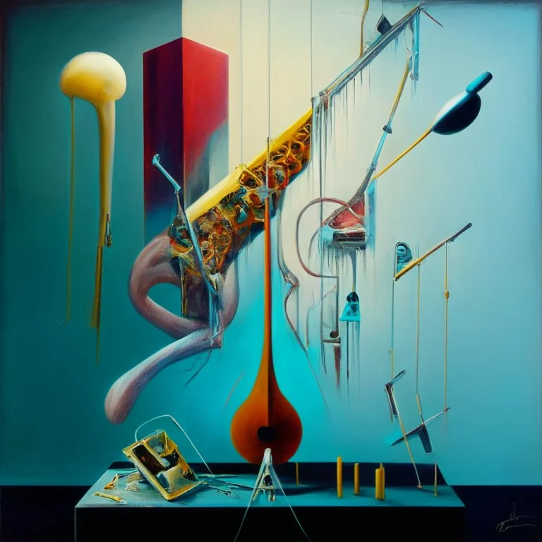 Abstract painting formed by a mix of human flesh-like surgical instruments and universe-like musical instruments,neuralink,minimalism,Painting By Adrian Ghenie, Rene Magritte, Salvador Dali, Lucian Freud