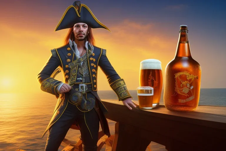 Ein Pirat, der vor seinem Schiff steht und ein Glas Bier in der Hand hält. Im Hintergrund sieht man ganz viele Zitrusfrüchte herumliegen. Das Bild soll ein gelblichen Ton durch den Sonnenuntergang haben. Realistisches Bild 4K