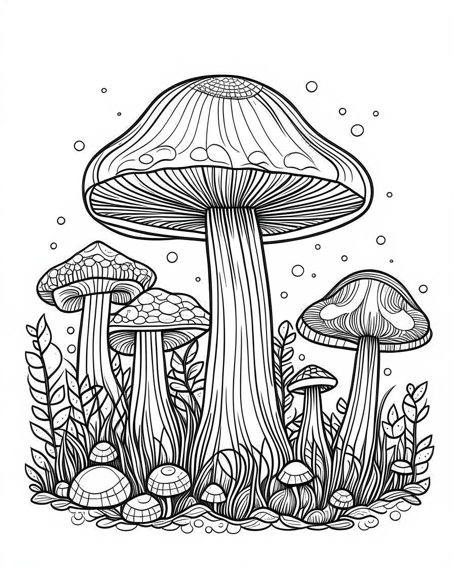 mushroom world minimalistic landscape. line art, background, vector, svg, coloring book page style, black outline on white background