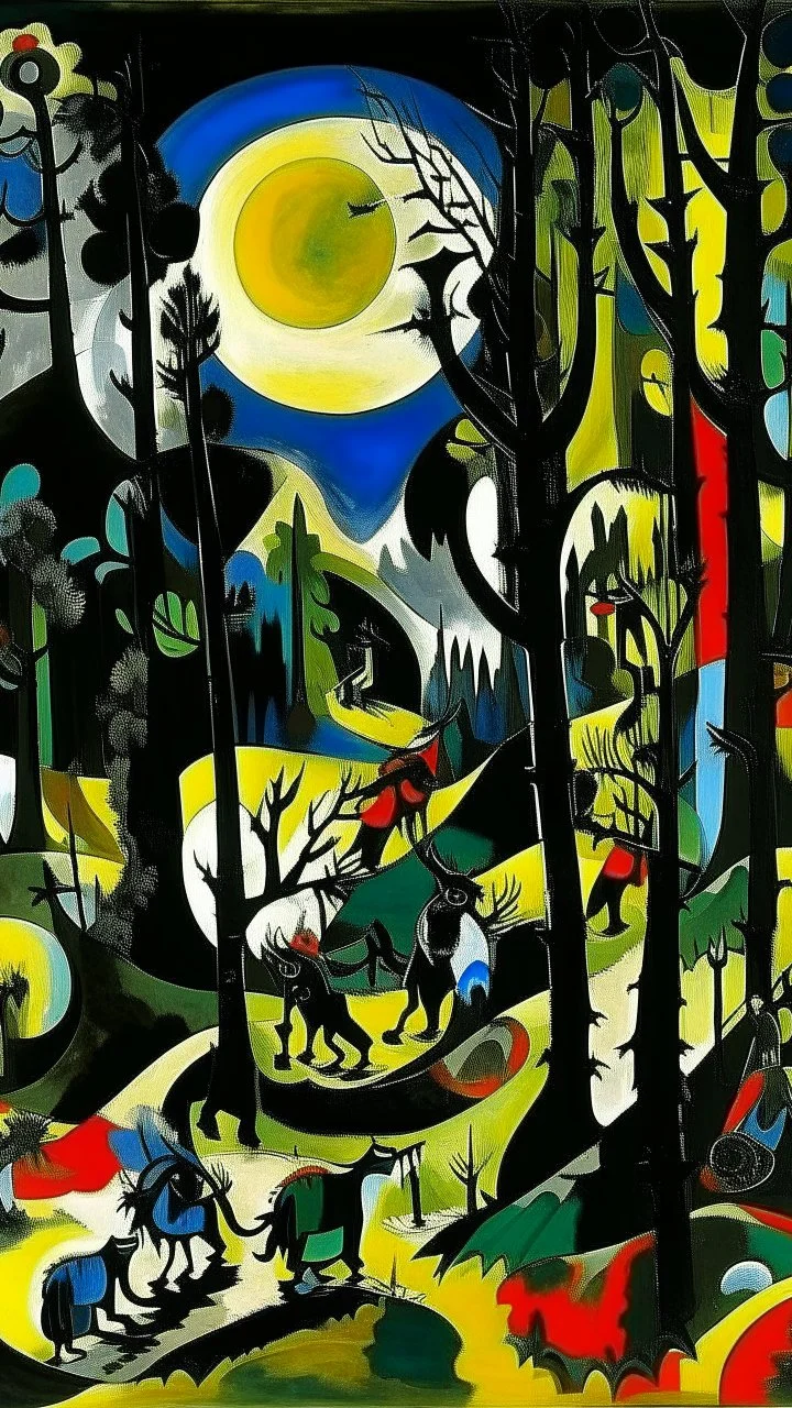 Black warped woodlands with dead trees and shadow monsters painted by Wassily Kandinsky