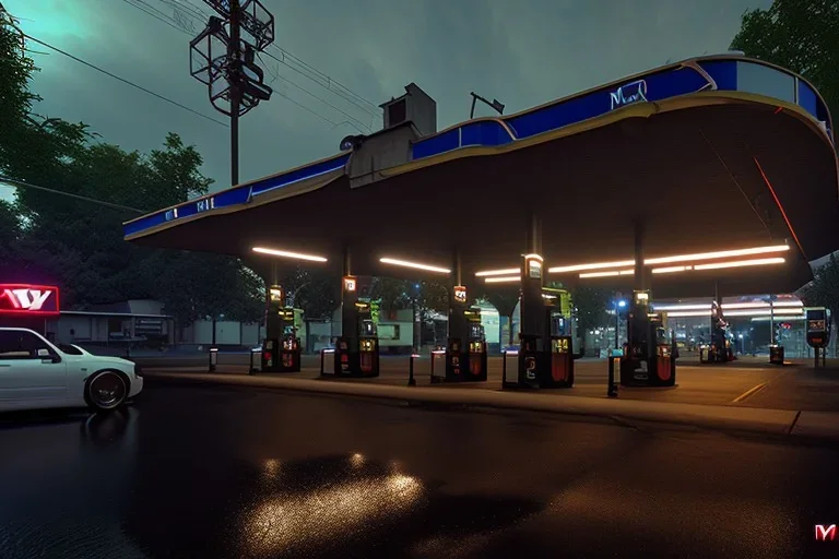 bikerhangout,gas station,night lighting,rainy, realistic, unity engine, cinematic lighting, scriptable render pipeline.