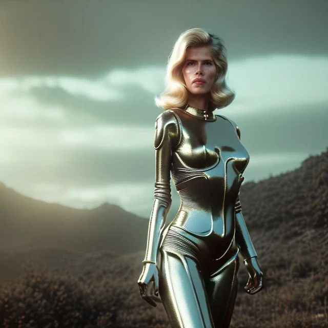 Ultra Realistic retro sci-fi movie scene, waist up view portrait, 5 clons blonde women, sweet young Claudia Schiffer face, perfect iris, glow eyes, makeup, weapon. Soldiers background, Retro sci-fi style, helmet, tight latex coat, fog, rain, soft color, highly detailed, unreal engine 5, ray tracing, RTX, lumen lighting, ultra detail, volumetric lighting, 3d, finely drawn, high definition, high resolution.