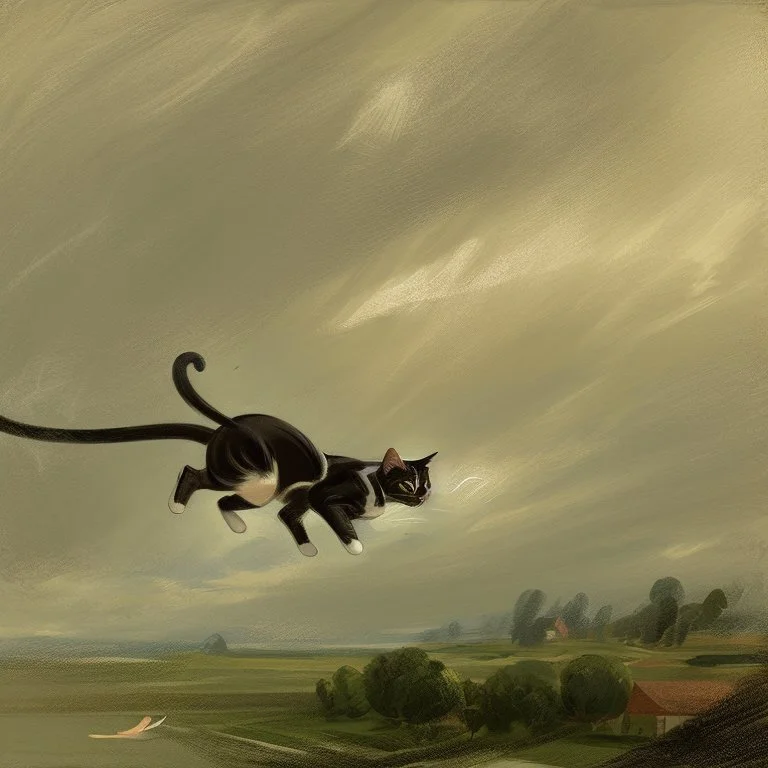 Cat flying , in Mary Vaux Walcott and John Constable style