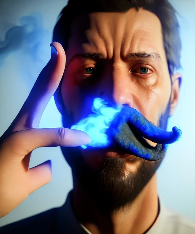 Realistic image, a guy making the fuck you gesture with his hand, blue smoke coming out of his eyes, nose and mouth. soft color, highly detailed, unreal engine 5, ray tracing, RTX, lumen lighting, ultra detail, volumetric lighting, 3d, finely drawn, high definition, high resolution.