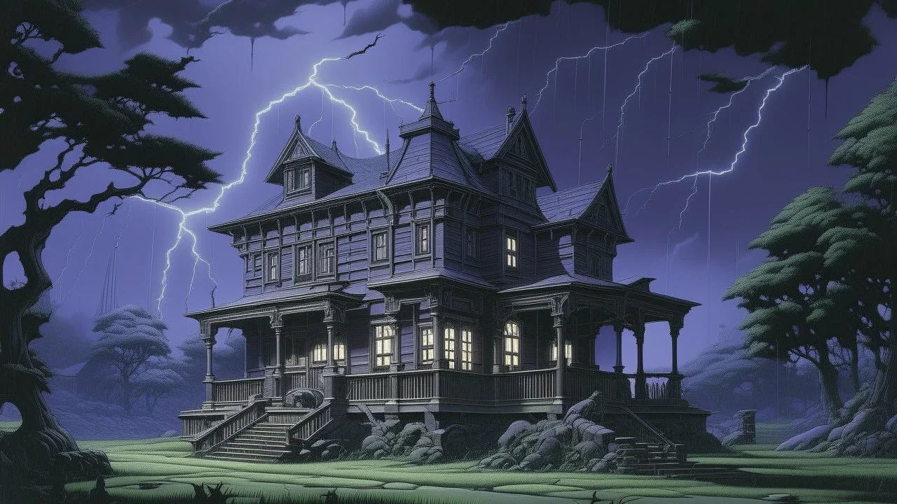 A grayish purple haunted mansion in a lightning storm painted by Frank Lloyd Wright