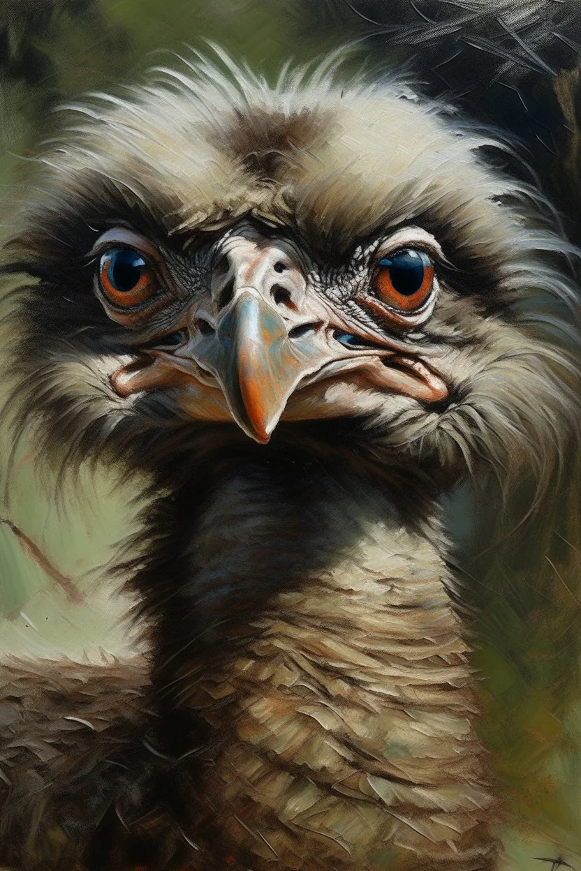 An oil painting of a very beautiful ostrich with wide eyes