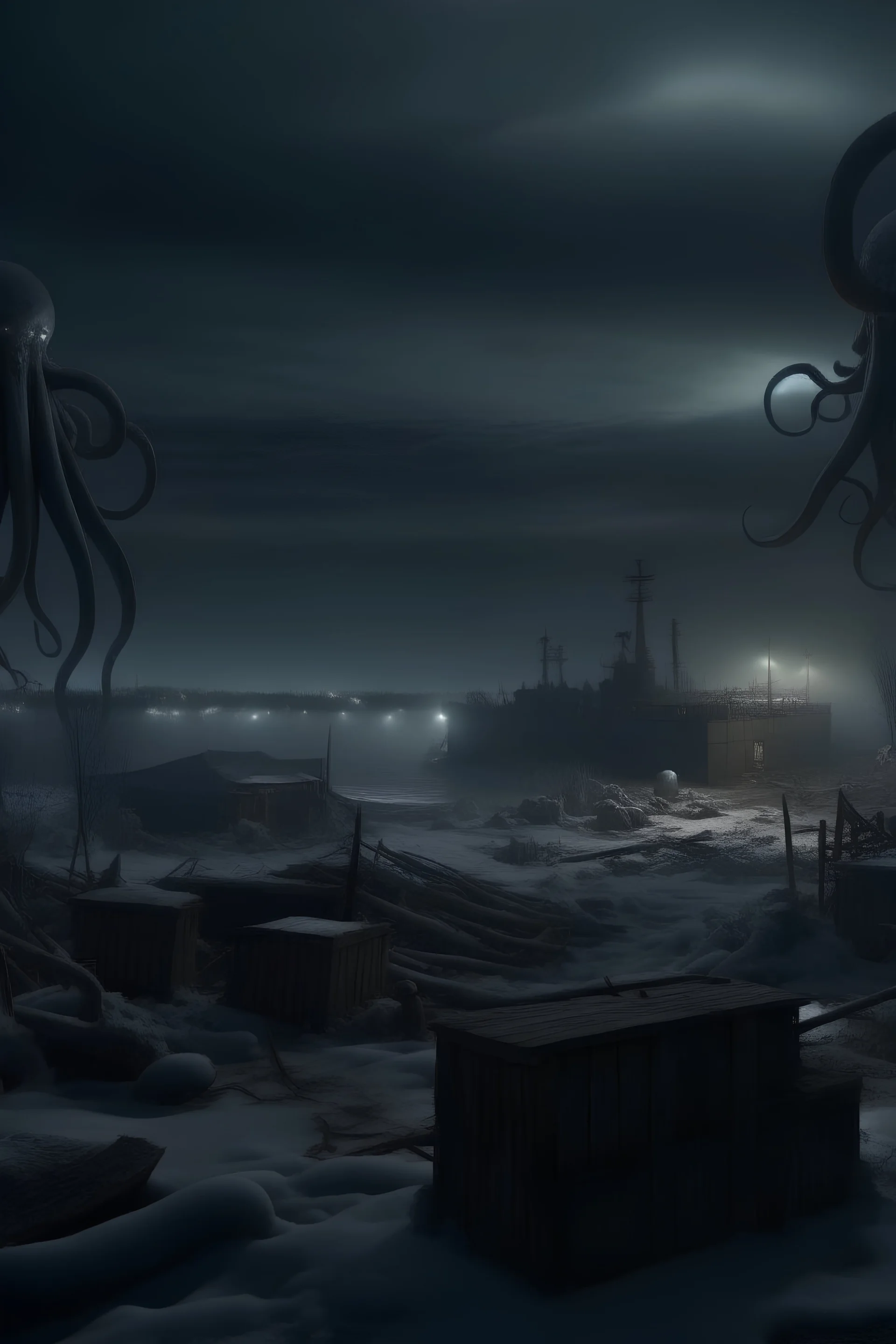 Frozen and dark wood, scary, heavy Industry in the distance, Cthulu tentacles looming in the sky as background, uhd, ambient lighting