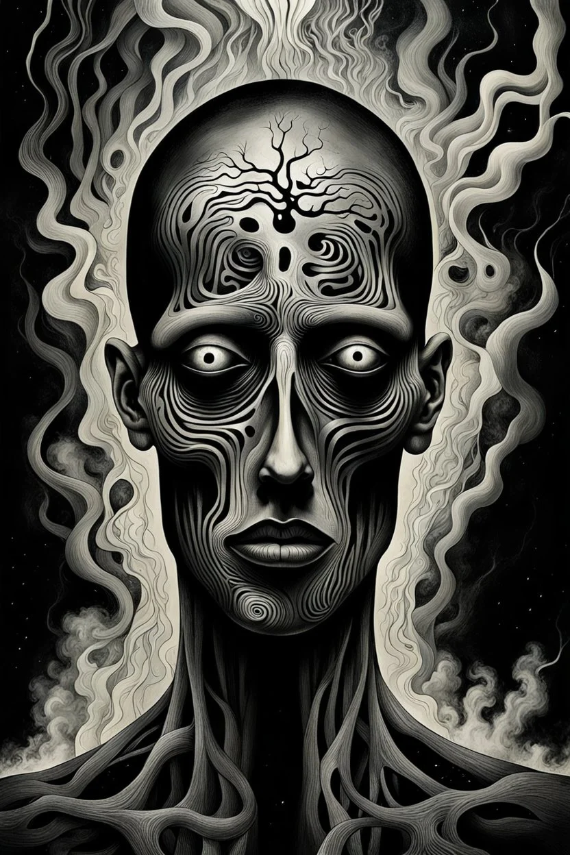 A surreal, painful and symbolic portrait of a human being slowly consumed by living darkness. Pale human skin, hollow face with empty black eyes, expression of painful realization. The darkness is not just shadow but a living entity emerging from the mind itself, abstract shapes and impossible forms rising like smoke from the depths of the subconscious. The shadows crawl across the face and body, devouring identity.