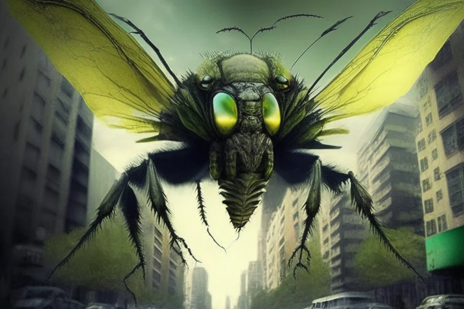 insecto extremadamente grande, de ojoso amarillos y alas verdes y muy feo y me atacando una ciudad