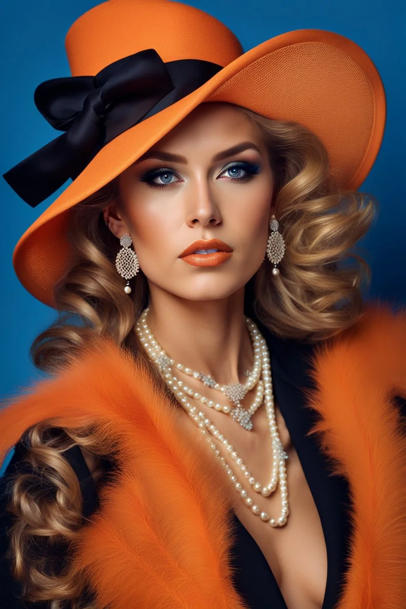 full body beautiful girl, elegant orange,lace clothes of the 80s, luxury style, small elegant hat with feather, hair of the 80s, pearl necklace, earrings masterful, beautiful face,blue backdrop