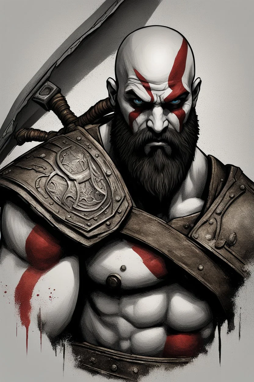 Generate a detailed and dynamic digital illustration of Kratos, the iconic character from the God of War video game series. Ensure that Kratos is portrayed in a powerful and imposing stance, wielding his signature weapon, the Leviathan Axe, with dramatic lighting that emphasizes his strength and determination. Pay attention to capturing the intricate details of his armor, facial expression, and any surrounding elements that enhance the epic and mythical atmosphere of the scene