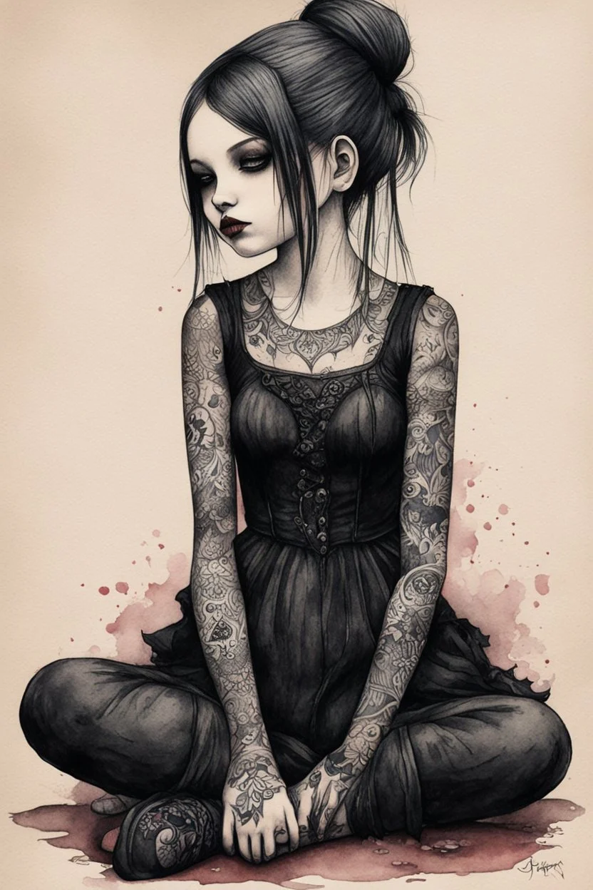 Petit girl goth many tattoos on his body, siting, fullbody, watercolor illustration by <John Kenn Mortensen>, darkred tones,