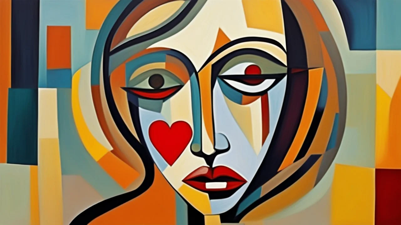 Abstract painting of a woman with a broken heart. Abstract art that does not represent an accurate depiction of visual reality, communicating instead through lines, shapes, colors, forms and gestural marks, perfect composition, cubism style