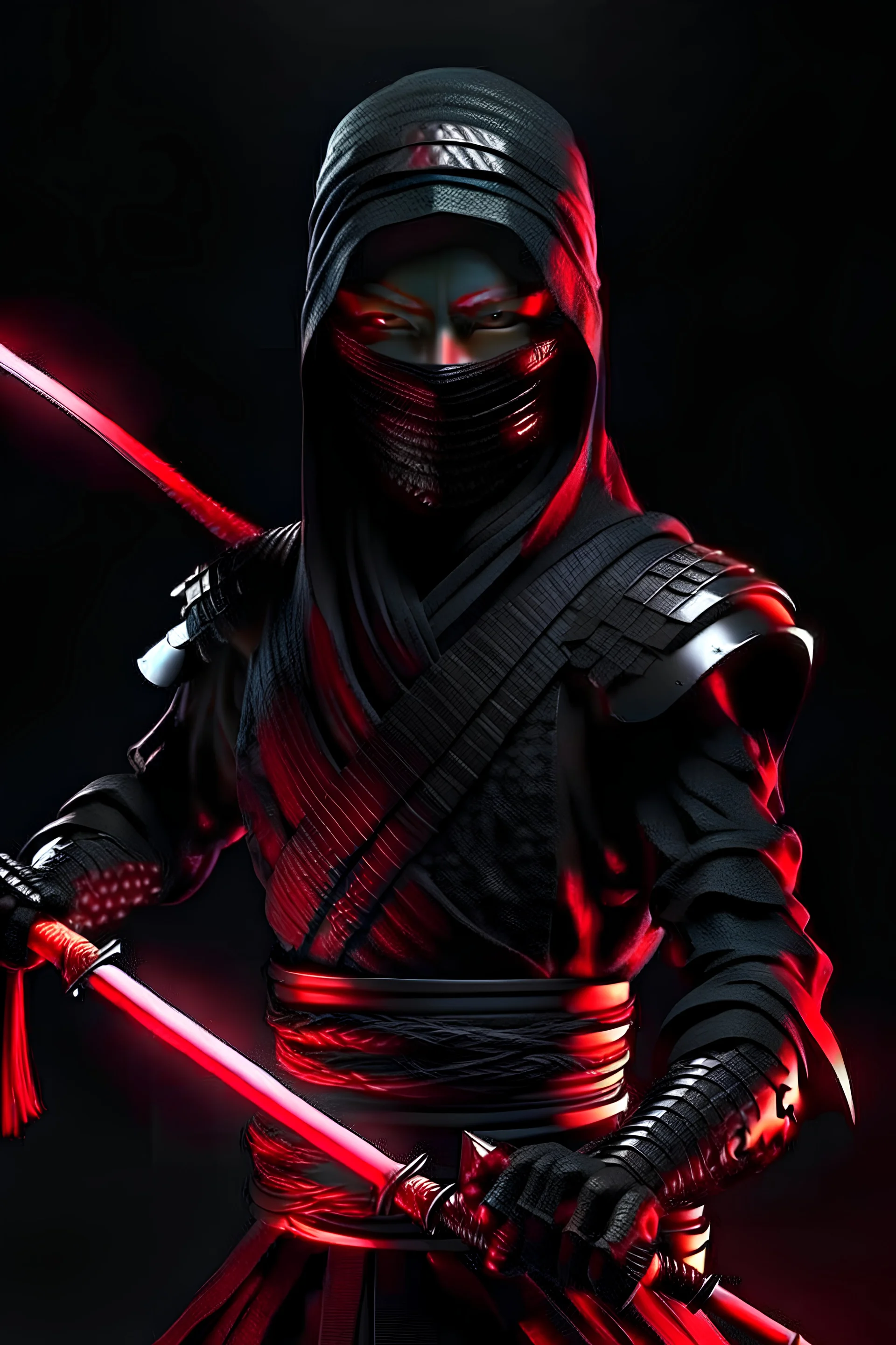 evils female indonesia ninja with red light eyes and dark shadow has a Dark Sword (hidden shadow monster) full body Raw, realistic