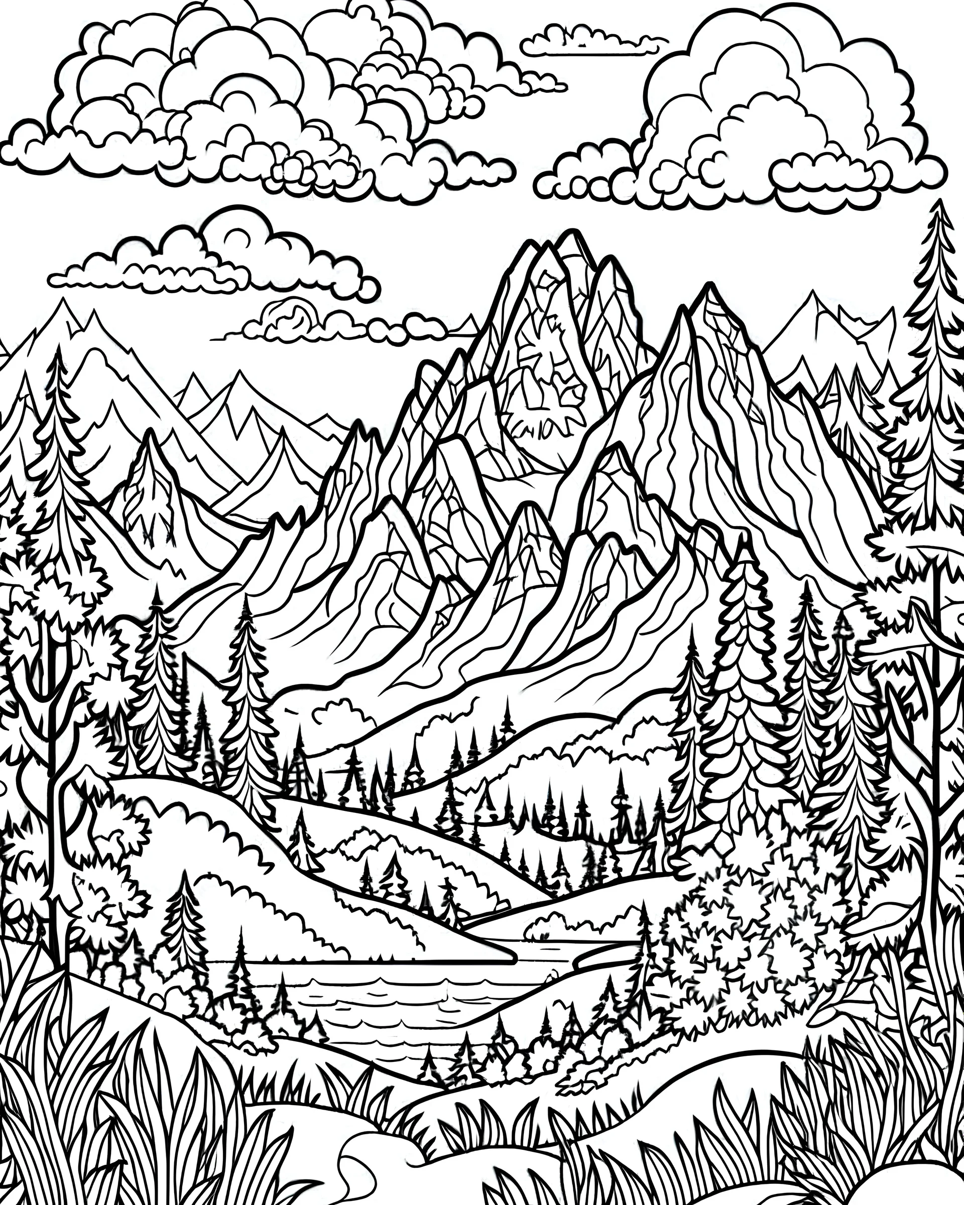 Cute cartoon coloring page , colors inside , black and white outline in cartoon style , leaves outline in background outline art for adults coloring book a line drawing no grey color drawing with pen outline art for adults coloring book,A majestic mountain landscape with the first rays of sunlight illuminating the snow-capped peaks, with shimmering lakes in the foreground and a pine forest below." white background, sketch style, only outlines used, carto