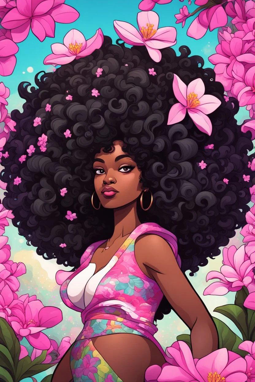 create a psychedelic digital enhance cartoon art style image with exaggerated features, 2k. cartoon image of a curvy size black female looking off to the side with a large thick tightly curly asymmetrical afro. Very beautiful. With pink and white plumeria flowers