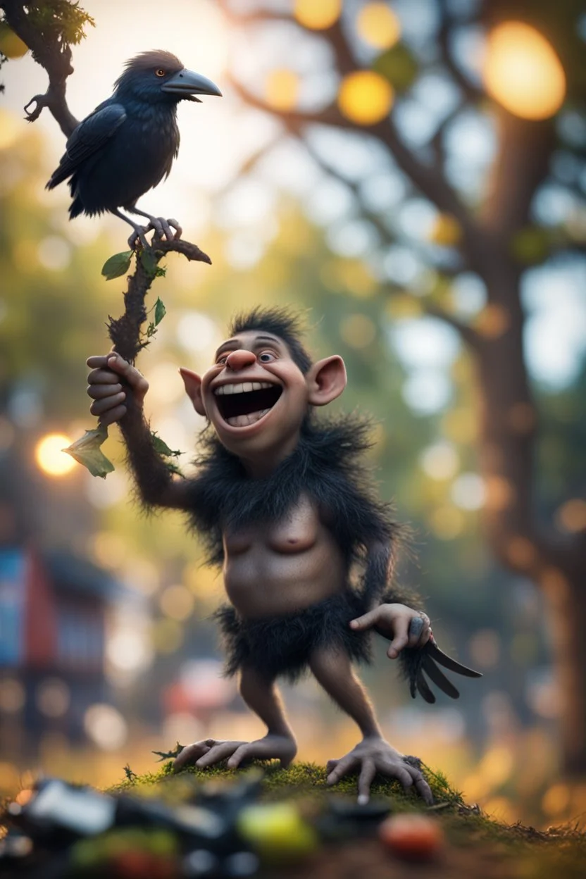 twig troll gremling holding crow dropping garbage from tree tops laughing,bokeh like f/0.8, tilt-shift lens 8k, high detail, smooth render, down-light, unreal engine, prize winning