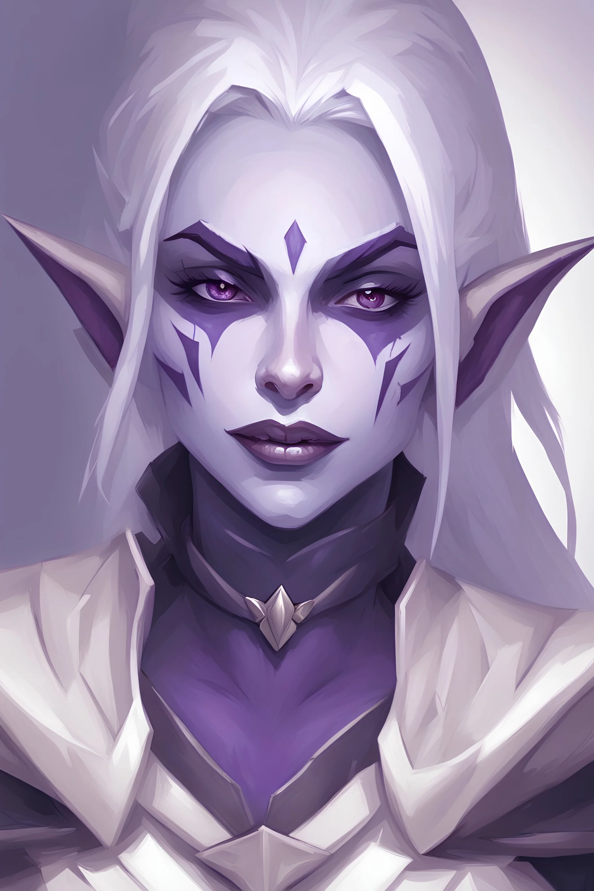 Dungeons and Dragons portrait of the face of a female drow rogue with pale armor, dark purple skin, happy expression and white hair