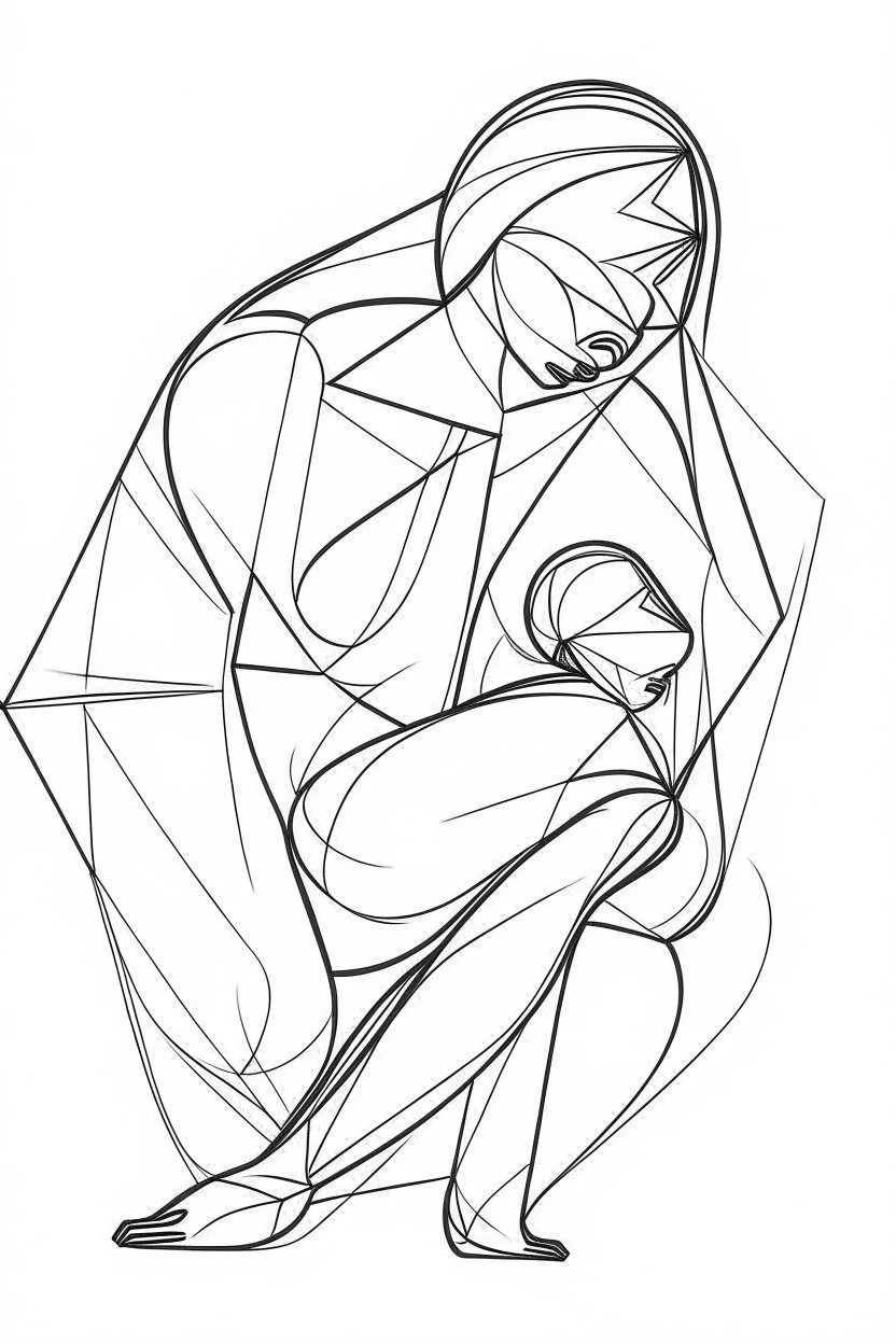 Abstract Picasso style drawing of a woman making pilates with a baby. No faces. Outline only